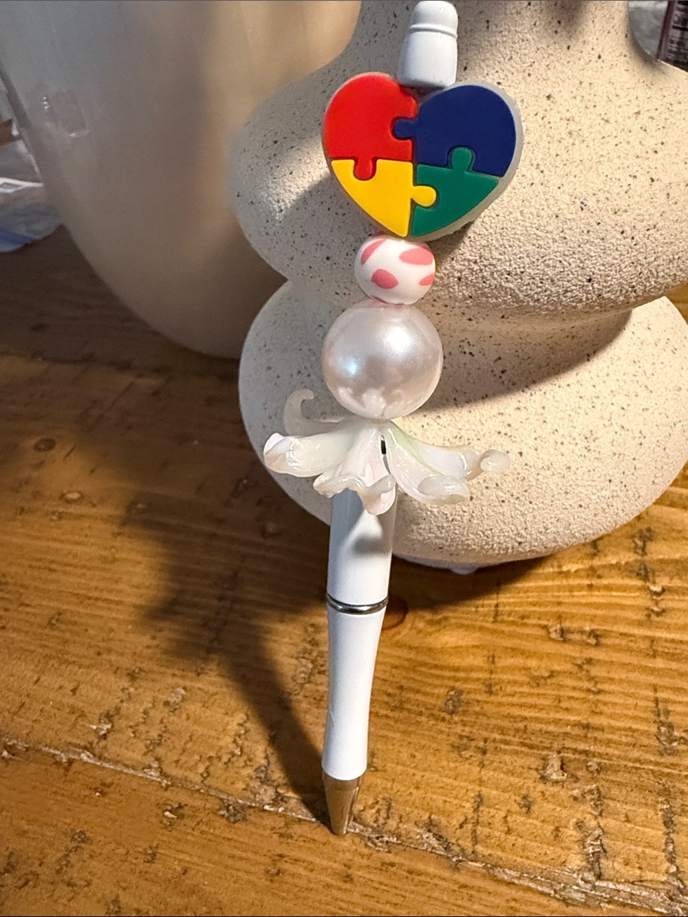 White Kids Bead Pen with Multicolor Puzzle Heart Charm
